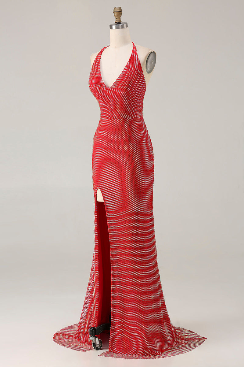 Load image into Gallery viewer, Sparkly Red Halter Neck Mermaid Long Prom Dress with Slit