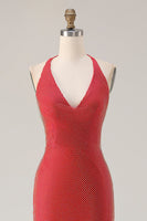 Load image into Gallery viewer, Sparkly Red Halter Neck Mermaid Long Prom Dress with Slit