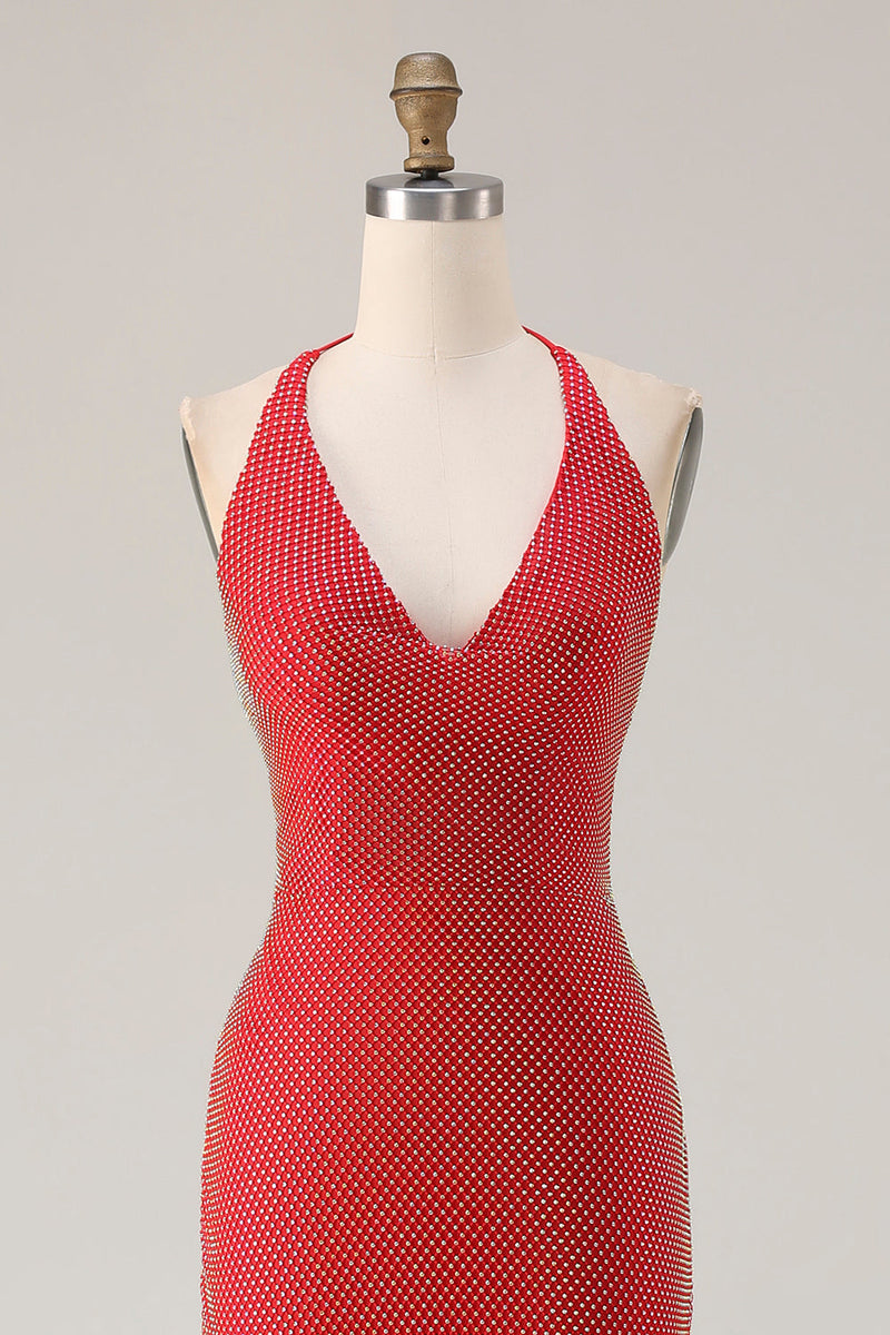 Load image into Gallery viewer, Sparkly Red Halter Neck Mermaid Long Prom Dress with Slit