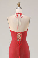 Load image into Gallery viewer, Sparkly Red Halter Neck Mermaid Long Prom Dress with Slit