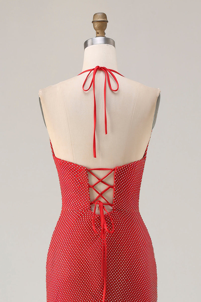 Load image into Gallery viewer, Sparkly Red Halter Neck Mermaid Long Prom Dress with Slit