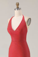 Load image into Gallery viewer, Sparkly Red Halter Neck Mermaid Long Prom Dress with Slit