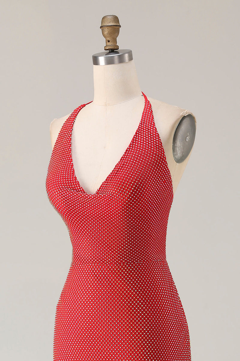 Load image into Gallery viewer, Sparkly Red Halter Neck Mermaid Long Prom Dress with Slit