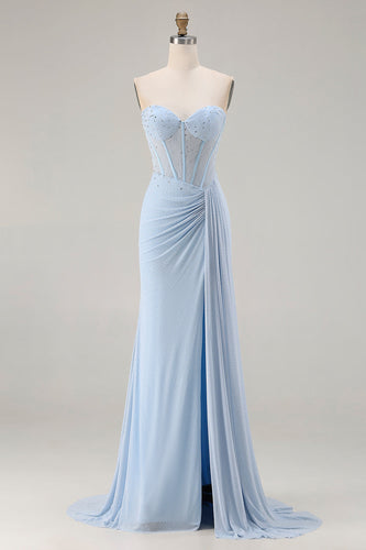 Sparkly Sky Blue Mermaid Sweetheart Corset Long Prom Dress with Slit