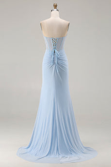Sparkly Sky Blue Mermaid Sweetheart Corset Long Prom Dress with Slit