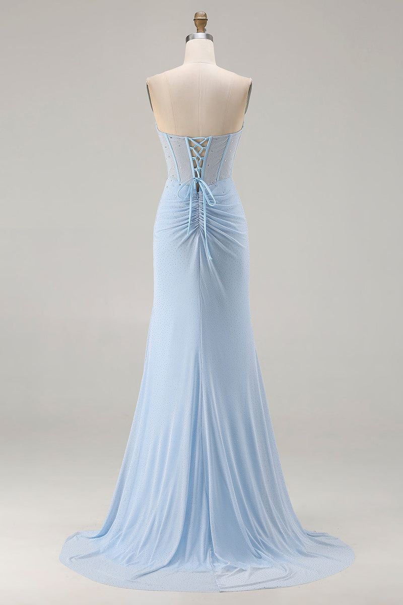 Load image into Gallery viewer, Sparkly Sky Blue Mermaid Sweetheart Corset Long Prom Dress with Slit