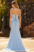 Load image into Gallery viewer, Sparkly Sky Blue Mermaid Sweetheart Corset Long Prom Dress with Slit