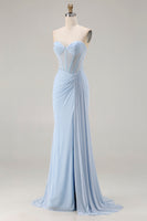 Load image into Gallery viewer, Sparkly Sky Blue Mermaid Sweetheart Corset Long Prom Dress with Slit