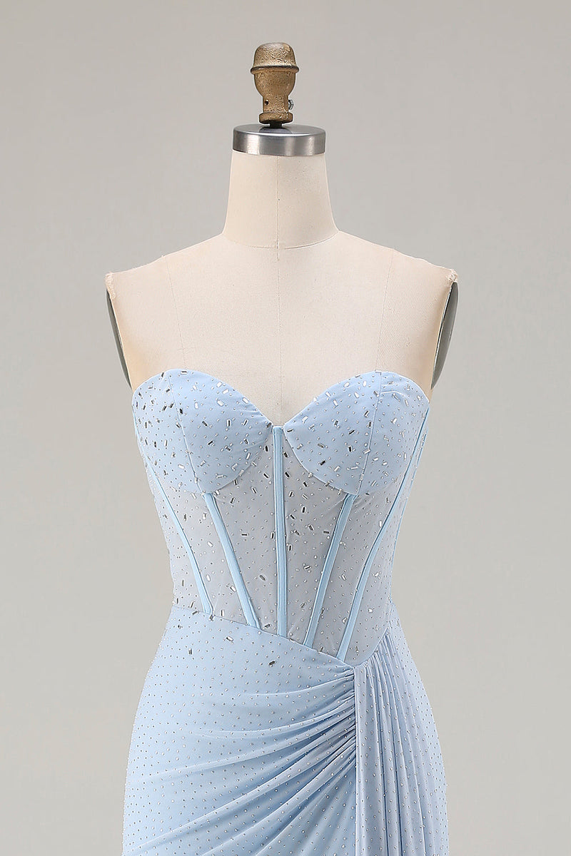 Load image into Gallery viewer, Sparkly Sky Blue Mermaid Sweetheart Corset Long Prom Dress with Slit