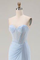 Load image into Gallery viewer, Sparkly Sky Blue Mermaid Sweetheart Corset Long Prom Dress with Slit
