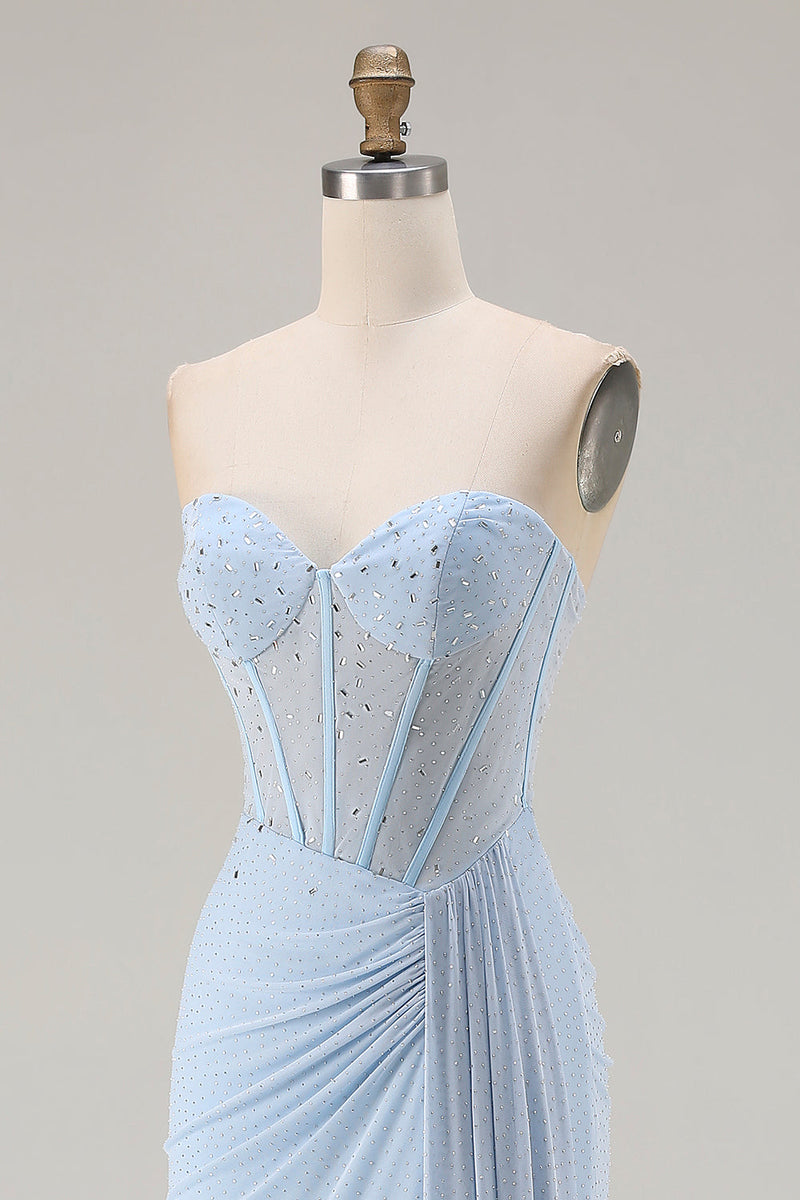 Load image into Gallery viewer, Sparkly Sky Blue Mermaid Sweetheart Corset Long Prom Dress with Slit
