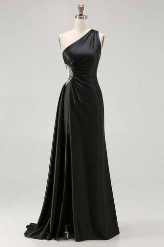 Sparkly Black Cut Out One Shoulder Long Prom Dress with Rhinestones