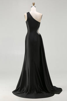 Sparkly Black Cut Out One Shoulder Long Prom Dress with Rhinestones