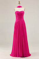 Load image into Gallery viewer, Fuchsia Pleated Strapless A Line Neck Scarf Long Prom Dress