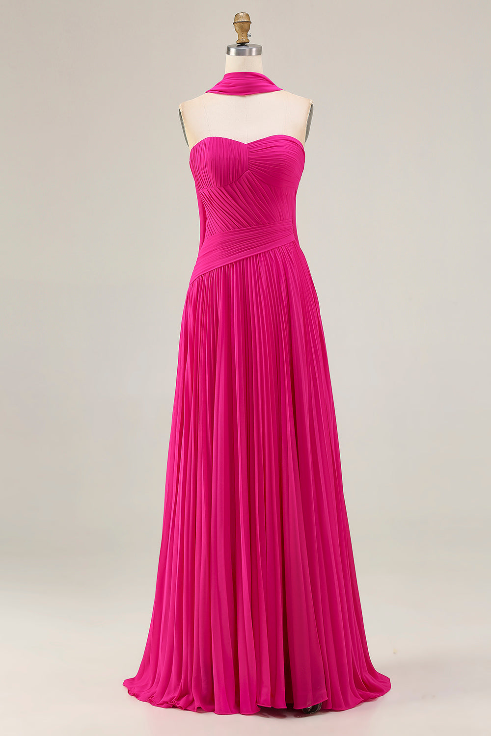Fuchsia Pleated Strapless A Line Neck Scarf Long Prom Dress