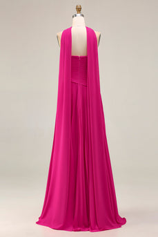 Fuchsia Pleated Strapless A Line Neck Scarf Long Prom Dress