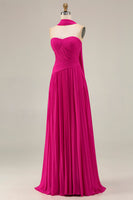 Load image into Gallery viewer, Fuchsia Pleated Strapless A Line Neck Scarf Long Prom Dress