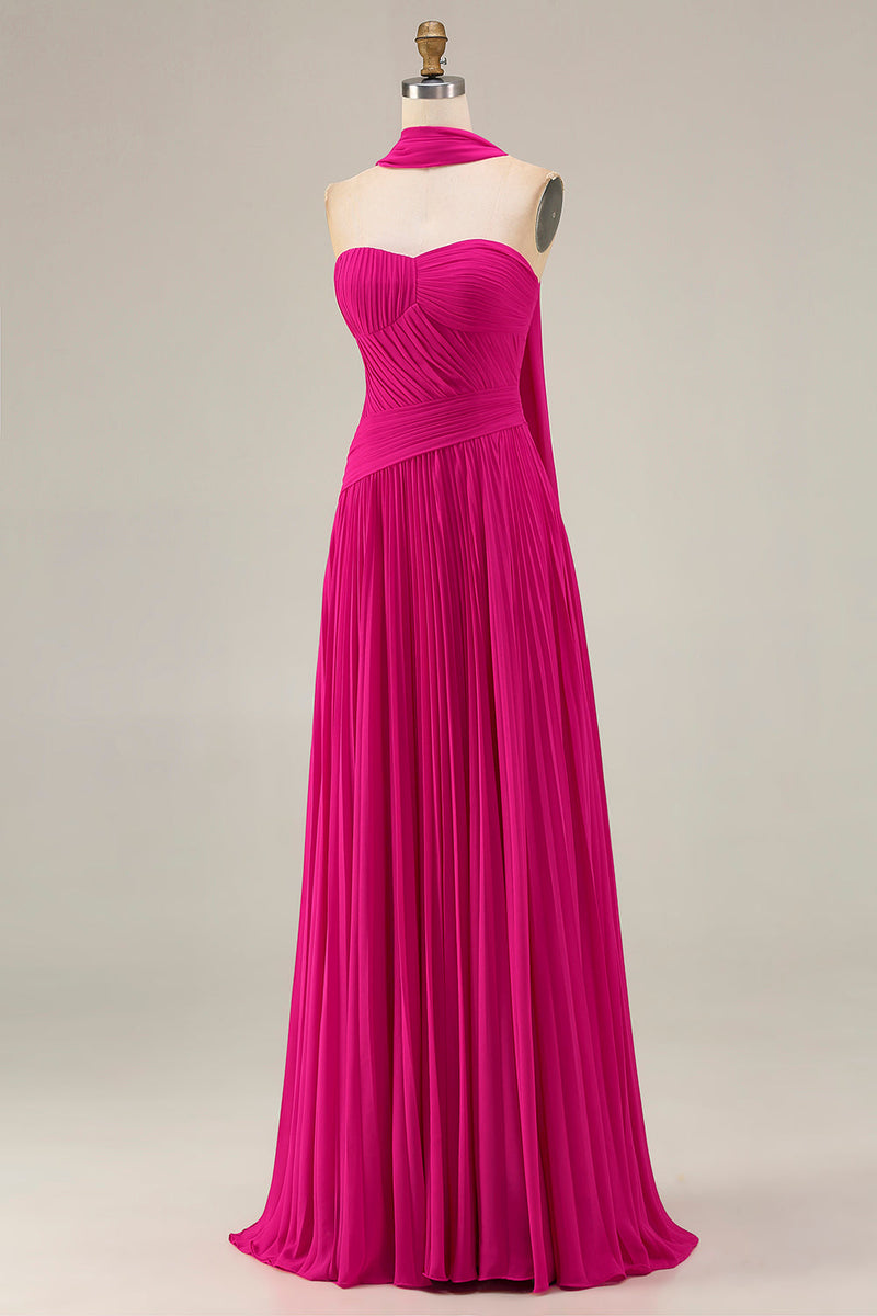 Load image into Gallery viewer, Fuchsia Pleated Strapless A Line Neck Scarf Long Prom Dress