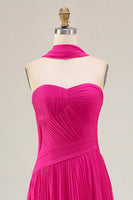 Load image into Gallery viewer, Fuchsia Pleated Strapless A Line Neck Scarf Long Prom Dress