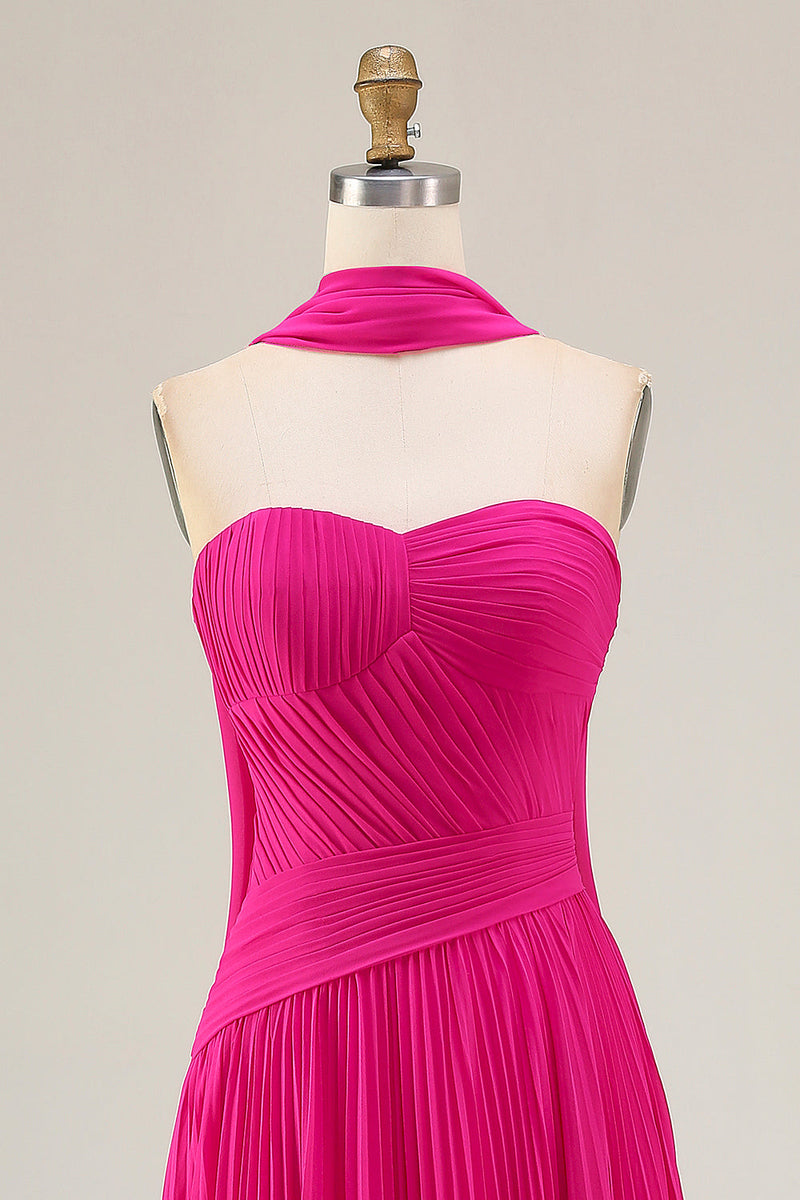 Load image into Gallery viewer, Fuchsia Pleated Strapless A Line Neck Scarf Long Prom Dress
