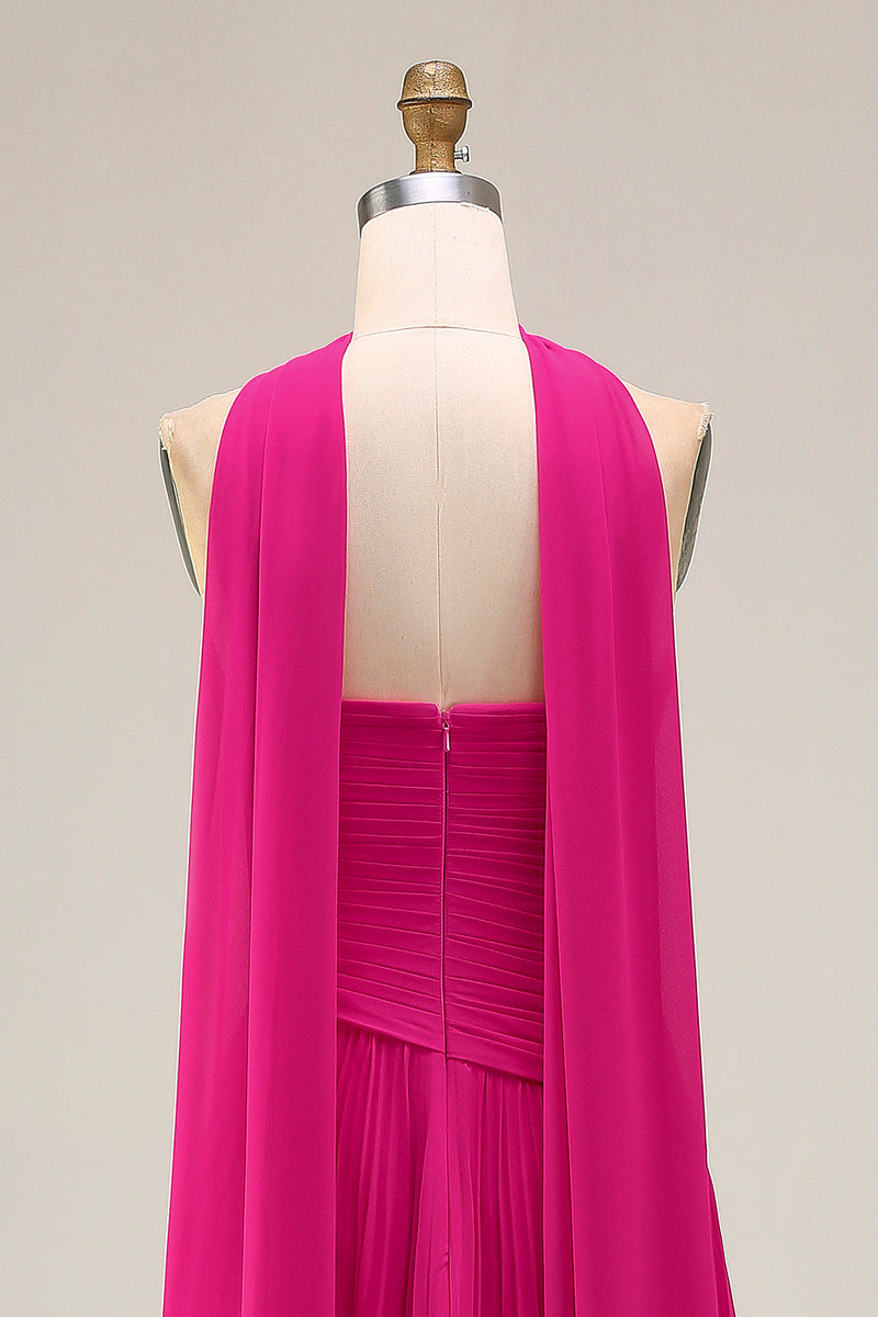 Load image into Gallery viewer, Fuchsia Pleated Strapless A Line Neck Scarf Long Prom Dress