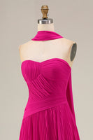 Load image into Gallery viewer, Fuchsia Pleated Strapless A Line Neck Scarf Long Prom Dress