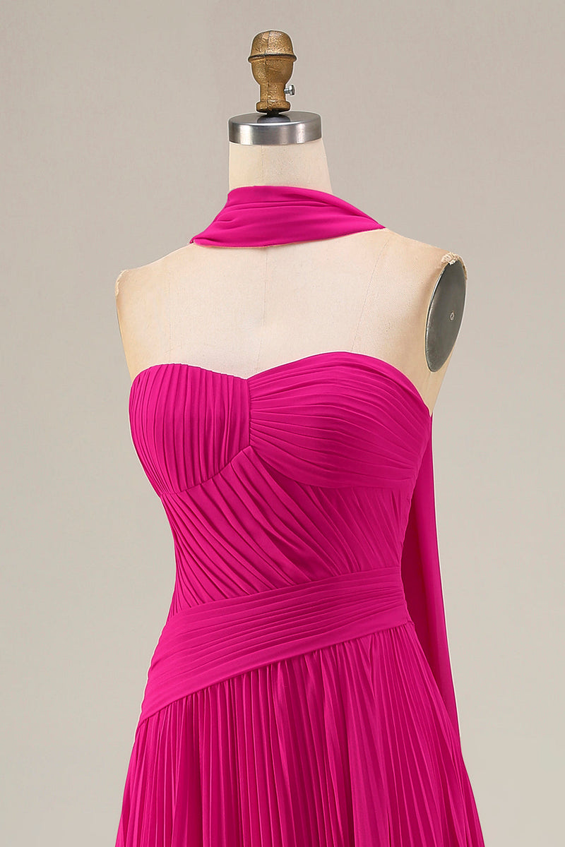Load image into Gallery viewer, Fuchsia Pleated Strapless A Line Neck Scarf Long Prom Dress