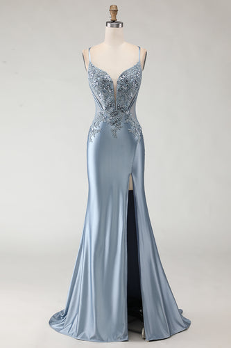 Sparkly Grey Blue Mermaid Spaghetti Straps Long Prom Dress with Slit