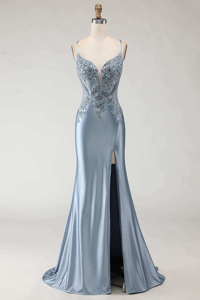 Load image into Gallery viewer, Sparkly Grey Blue Mermaid Spaghetti Straps Long Prom Dress with Slit