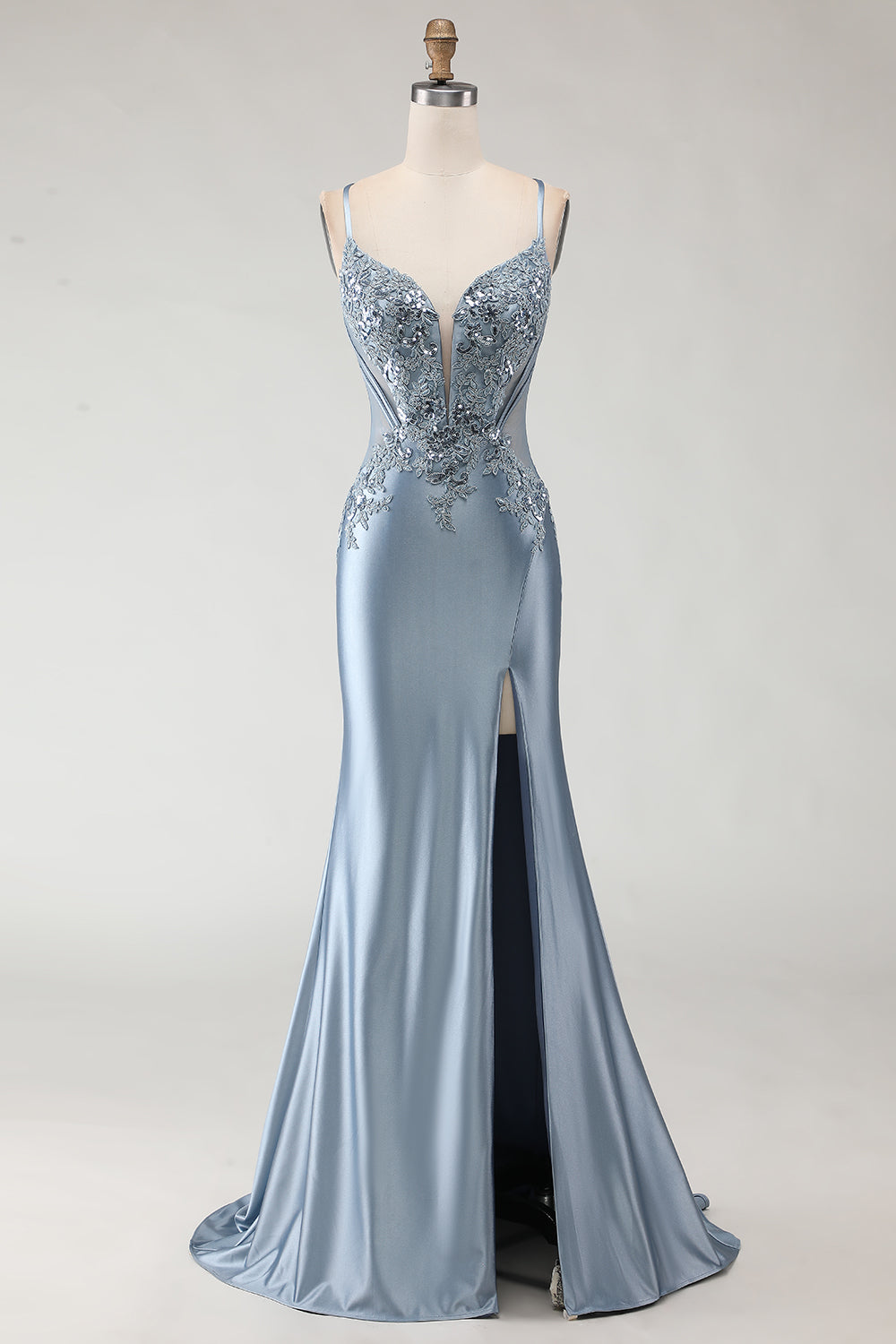 Sparkly Grey Blue Mermaid Spaghetti Straps Long Prom Dress with Slit