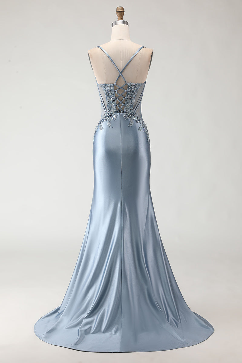 Load image into Gallery viewer, Sparkly Grey Blue Mermaid Spaghetti Straps Long Prom Dress with Slit
