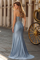 Load image into Gallery viewer, Sparkly Grey Blue Mermaid Spaghetti Straps Long Prom Dress with Slit