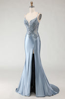 Load image into Gallery viewer, Sparkly Grey Blue Mermaid Spaghetti Straps Long Prom Dress with Slit