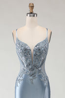 Load image into Gallery viewer, Sparkly Grey Blue Mermaid Spaghetti Straps Long Prom Dress with Slit