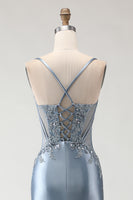 Load image into Gallery viewer, Sparkly Grey Blue Mermaid Spaghetti Straps Long Prom Dress with Slit