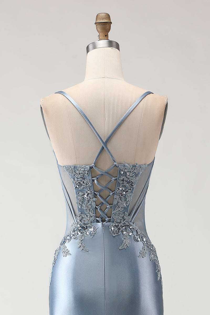 Load image into Gallery viewer, Sparkly Grey Blue Mermaid Spaghetti Straps Long Prom Dress with Slit