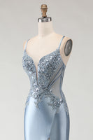Load image into Gallery viewer, Sparkly Grey Blue Mermaid Spaghetti Straps Long Prom Dress with Slit
