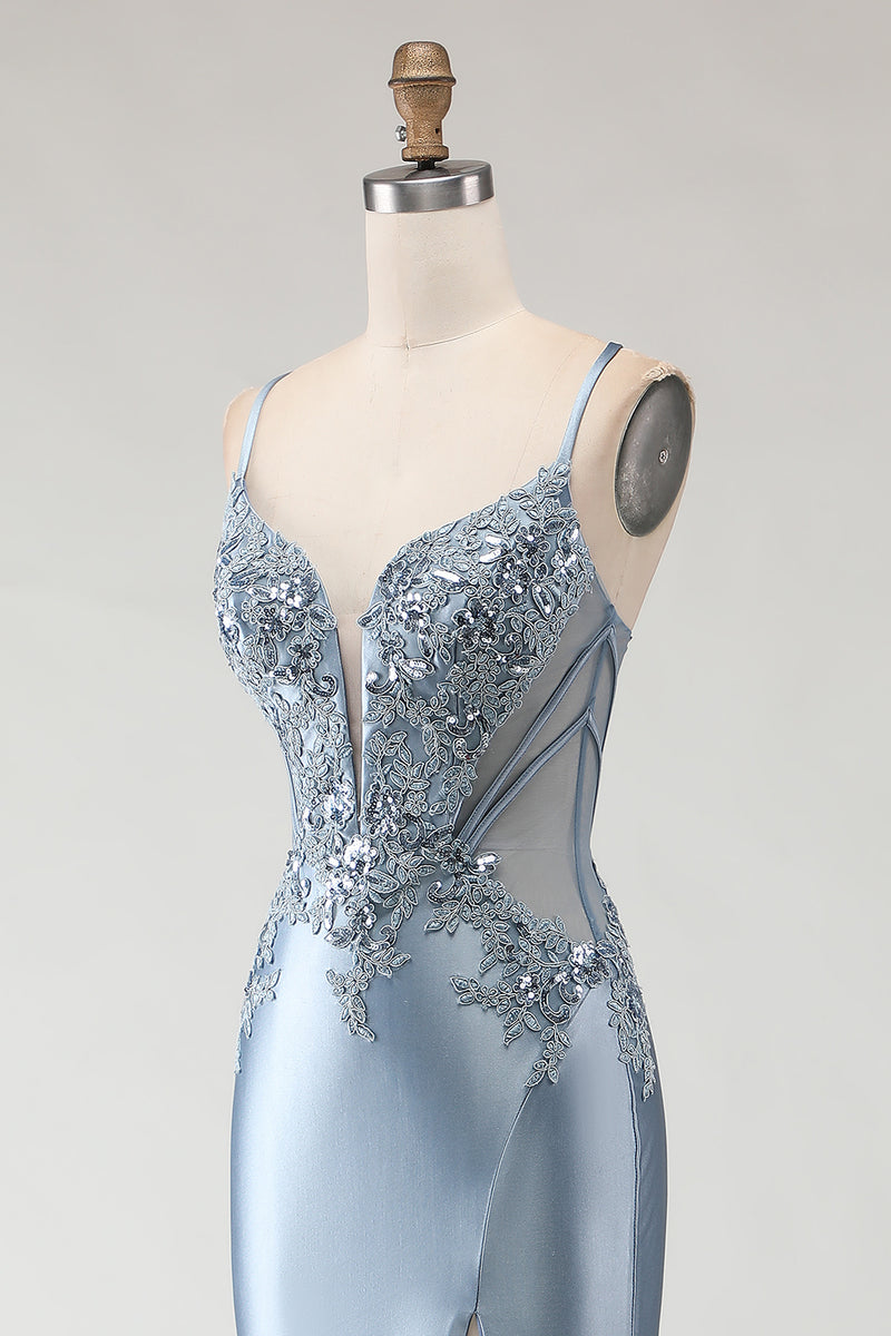 Load image into Gallery viewer, Sparkly Grey Blue Mermaid Spaghetti Straps Long Prom Dress with Slit