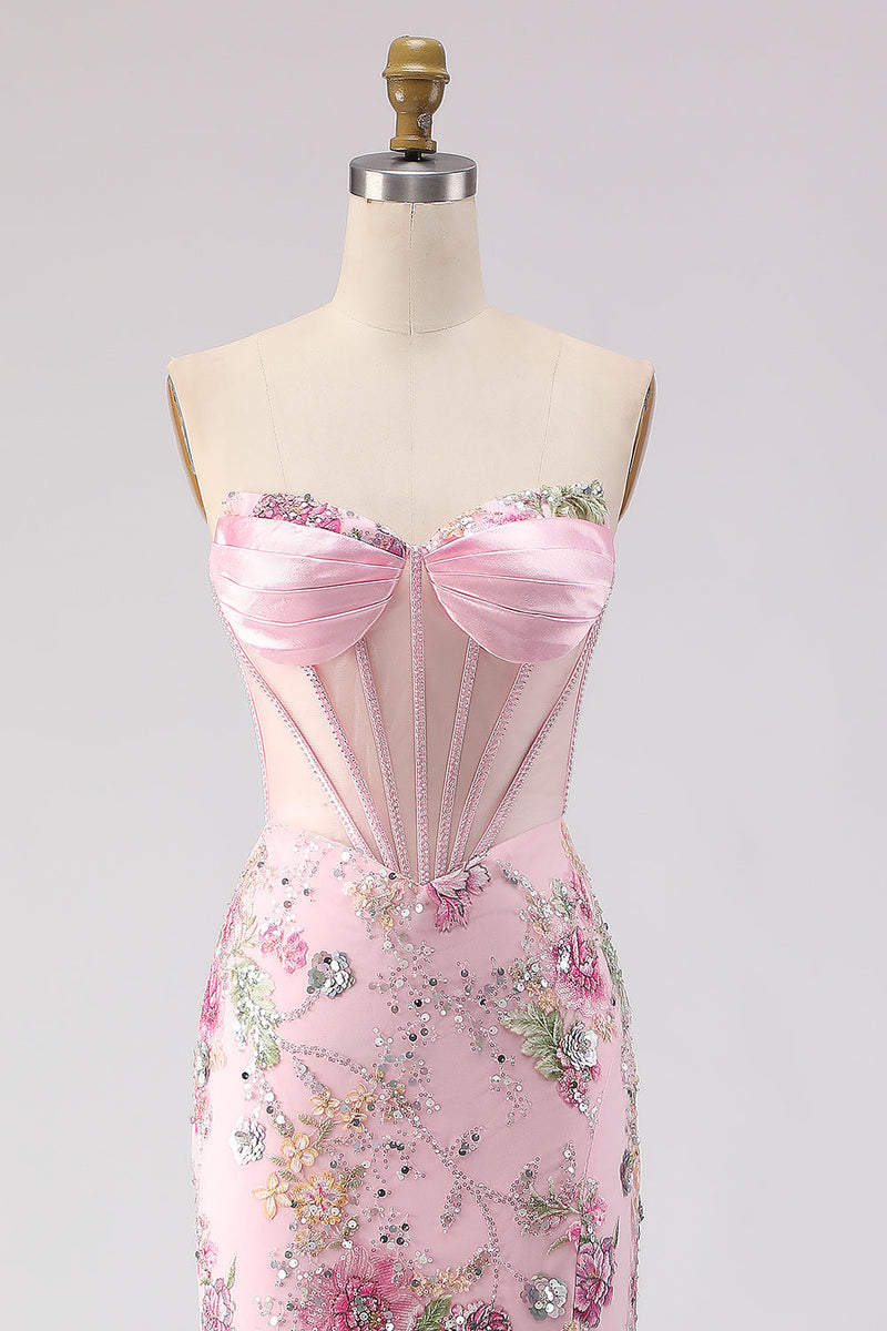 Load image into Gallery viewer, Sparkly Pink Sequin Corset Long Mermaid Prom Dress with Slit