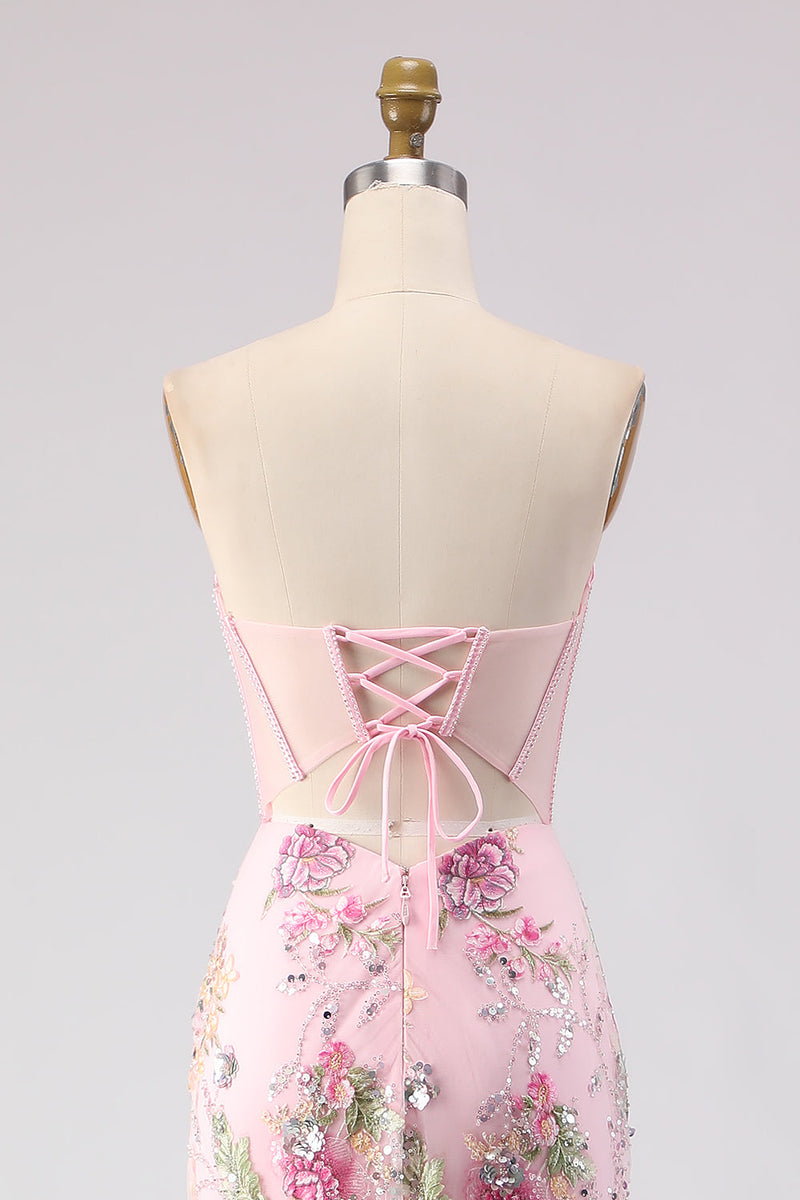 Load image into Gallery viewer, Sparkly Pink Sequin Corset Long Mermaid Prom Dress with Slit