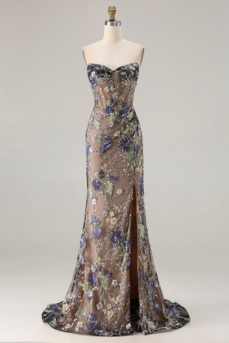 Load image into Gallery viewer, Sparkly Pink Floral Mermaid Corset Long Prom Dress with Slit