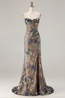 Load image into Gallery viewer, Sparkly Floral Black Mermaid Beaded Corset Long Prom Dress with Slit