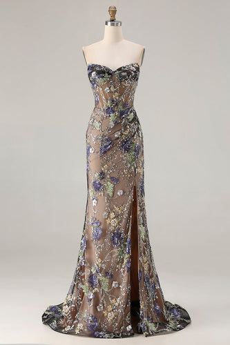 Sparkly Floral Black Mermaid Beaded Corset Long Prom Dress with Slit