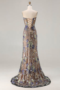 Sparkly Floral Black Mermaid Beaded Corset Long Prom Dress with Slit