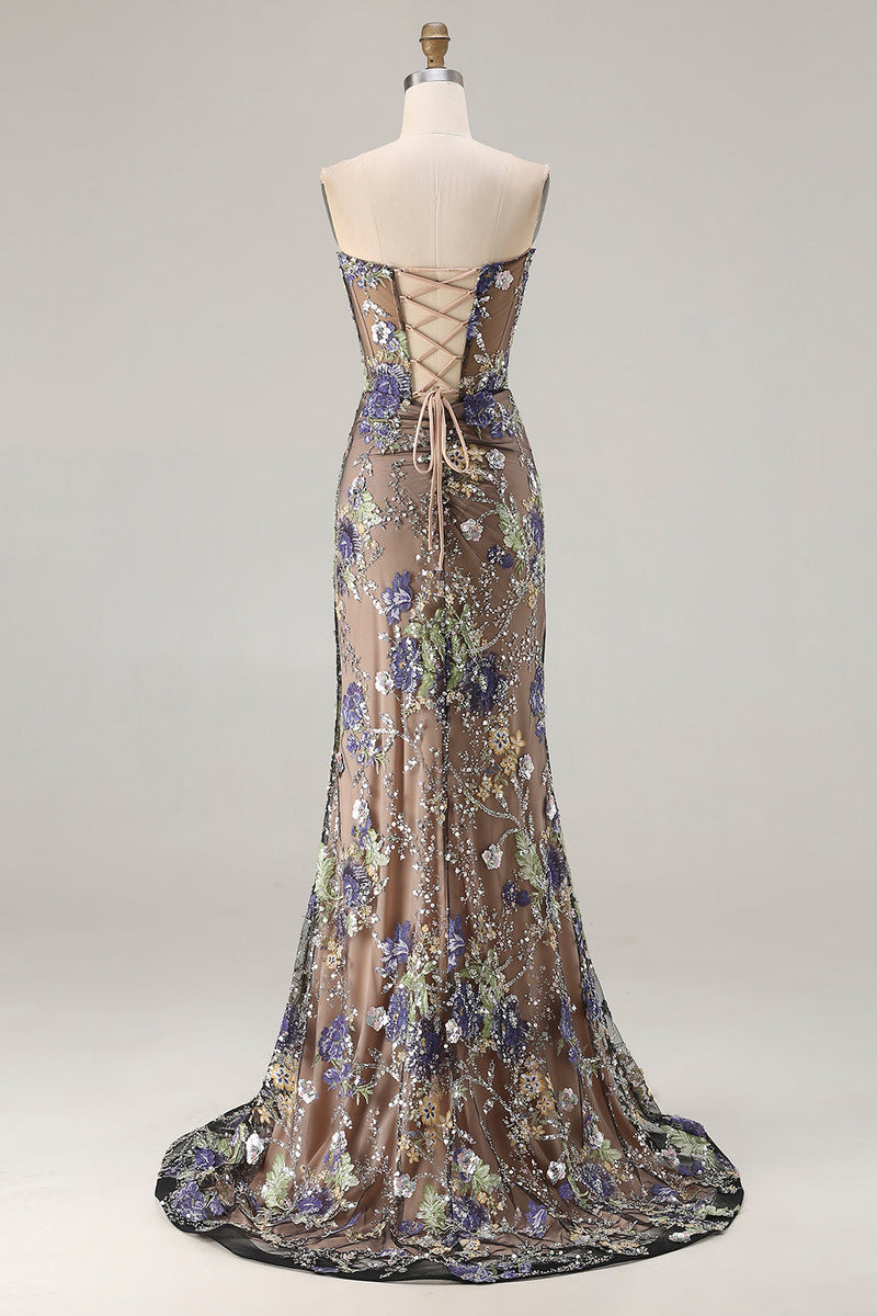 Load image into Gallery viewer, Sparkly Floral Black Mermaid Beaded Corset Long Prom Dress with Slit