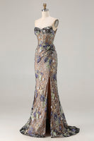 Load image into Gallery viewer, Sparkly Pink Floral Mermaid Corset Long Prom Dress with Slit