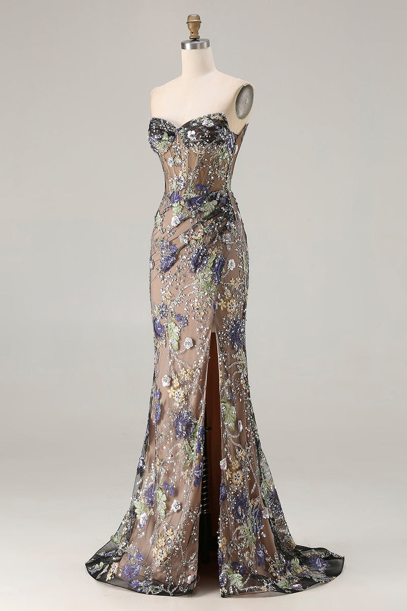 Load image into Gallery viewer, Sparkly Floral Black Mermaid Beaded Corset Long Prom Dress with Slit