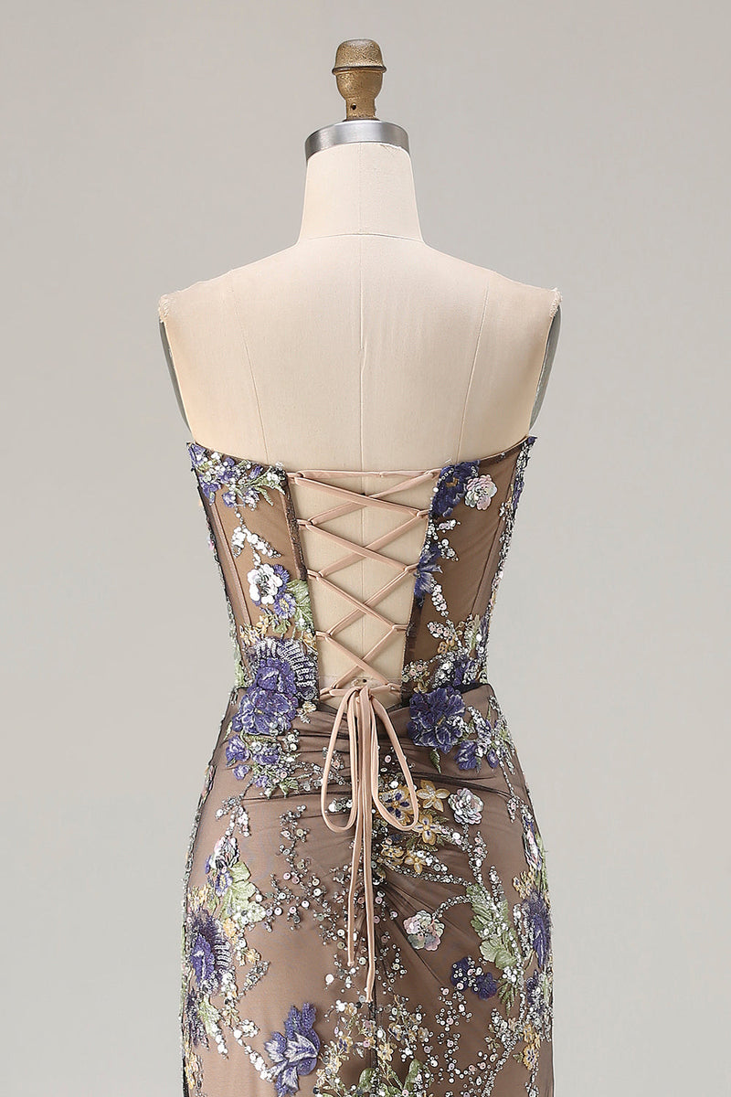 Load image into Gallery viewer, Sparkly Pink Floral Mermaid Corset Long Prom Dress with Slit