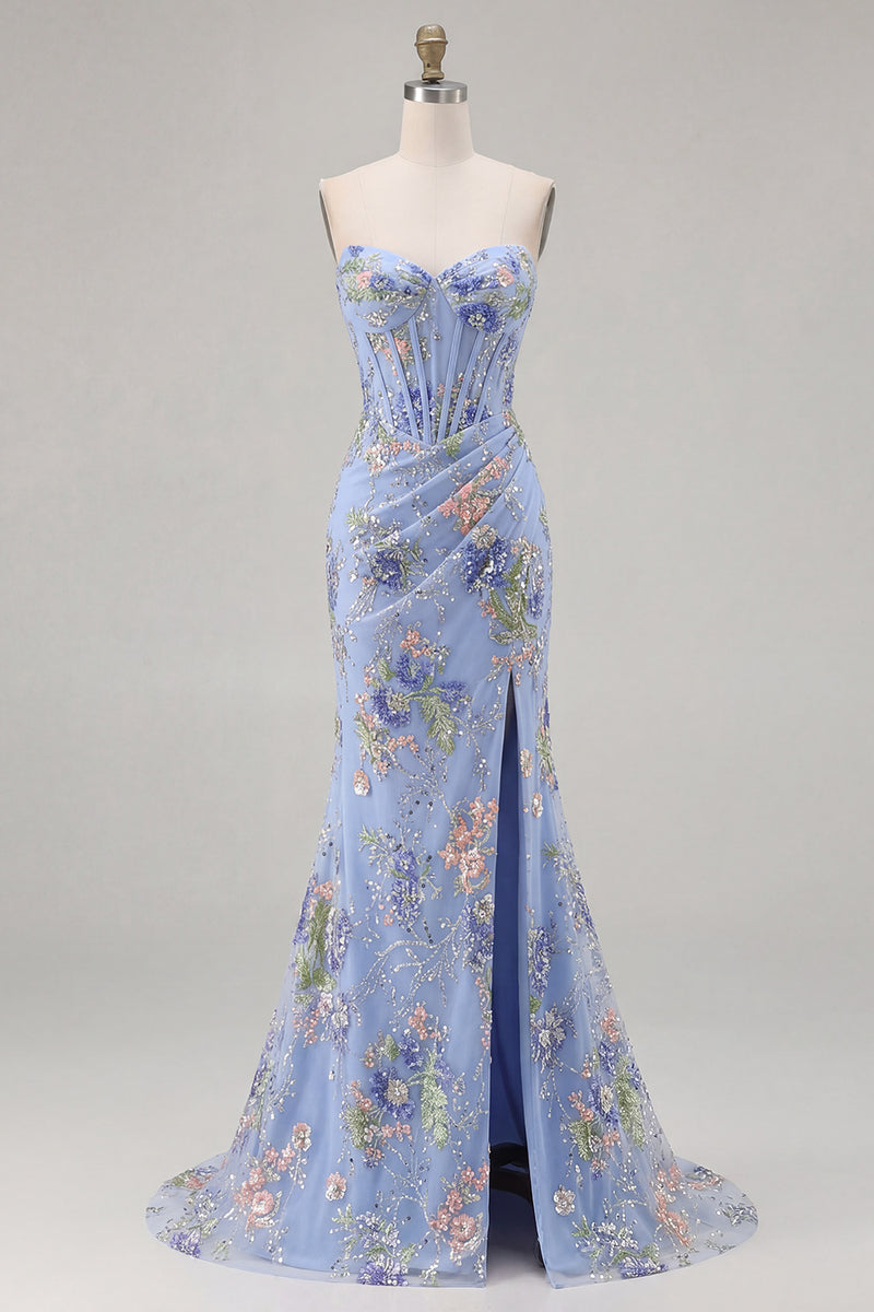 Load image into Gallery viewer, Sparkly Floral Black Mermaid Beaded Corset Long Prom Dress with Slit