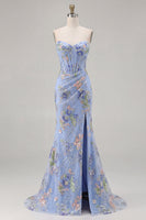 Load image into Gallery viewer, Sparkly Pink Floral Mermaid Corset Long Prom Dress with Slit